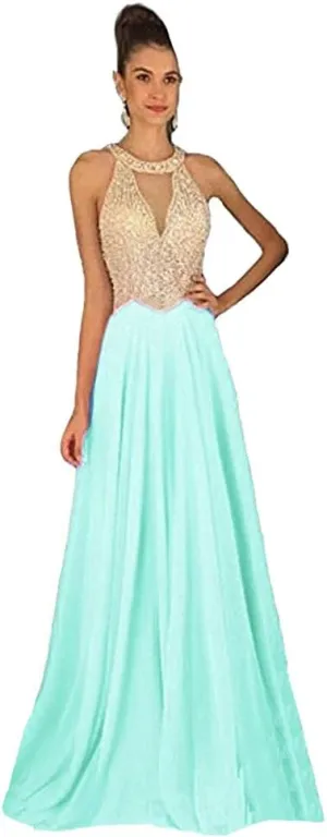 Lemai Sheer Beaded Pearls Halter Sleeveless Long Chiffon Prom Dress Evening Gowns