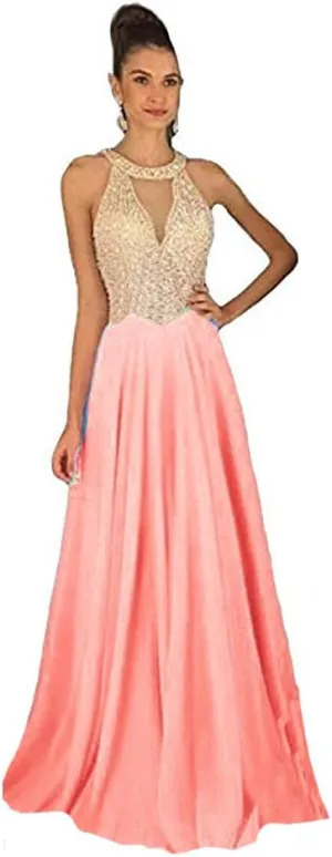 Lemai Sheer Beaded Pearls Halter Sleeveless Long Chiffon Prom Dress Evening Gowns