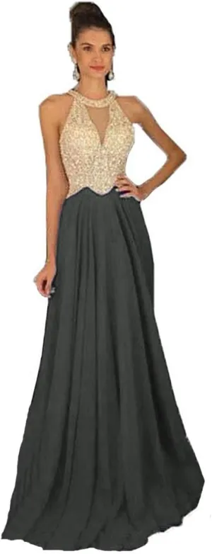 Lemai Sheer Beaded Pearls Halter Sleeveless Long Chiffon Prom Dress Evening Gowns