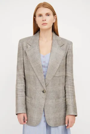 Light Grey & White Plaid Linen Blazer