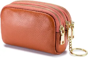 LINNO 3 Zippered Genuine Leather Coin Purse Triple Capacity Change Pouch Little Travel Wallet With Key Ring for Women