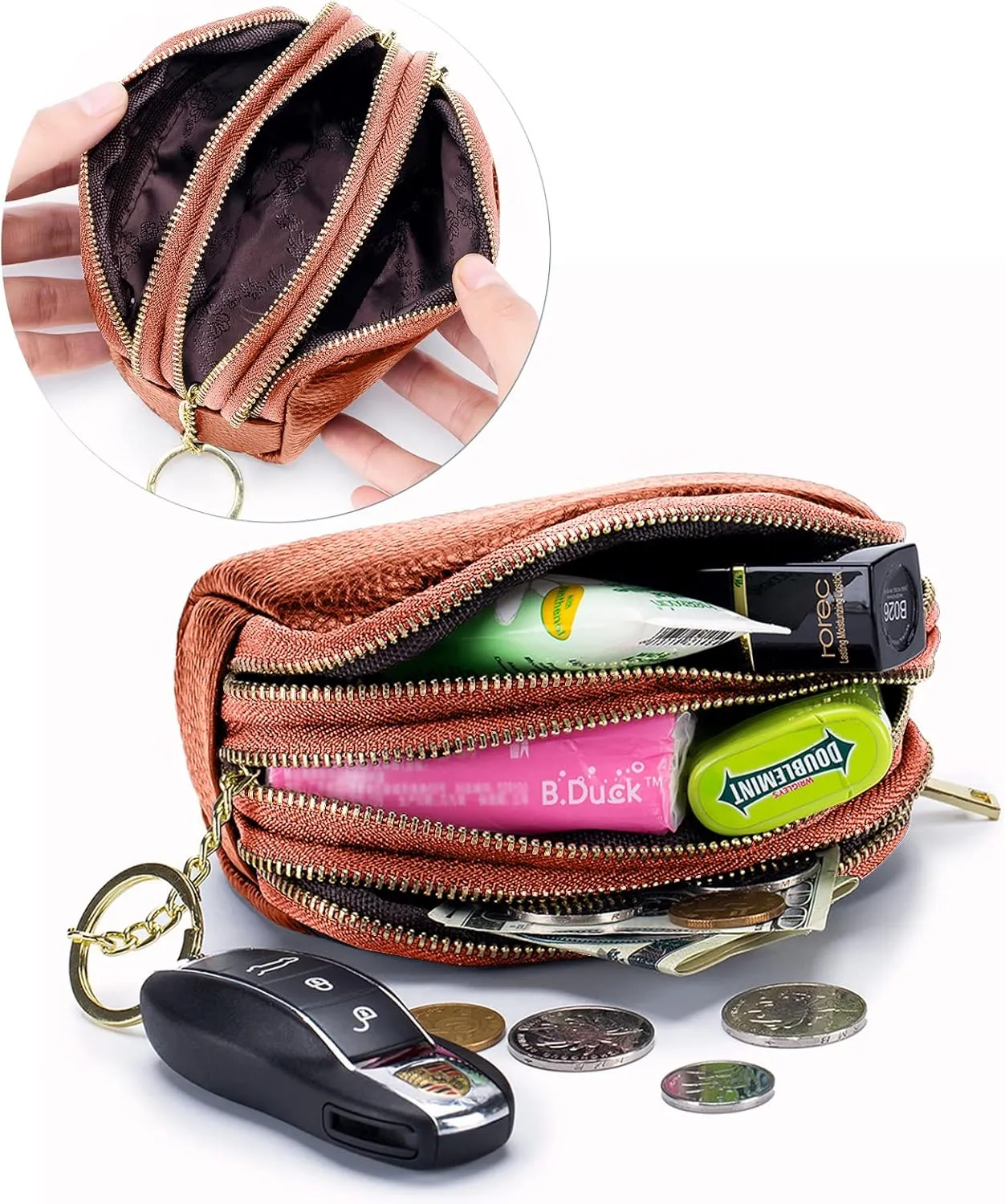 LINNO 3 Zippered Genuine Leather Coin Purse Triple Capacity Change Pouch Little Travel Wallet With Key Ring for Women