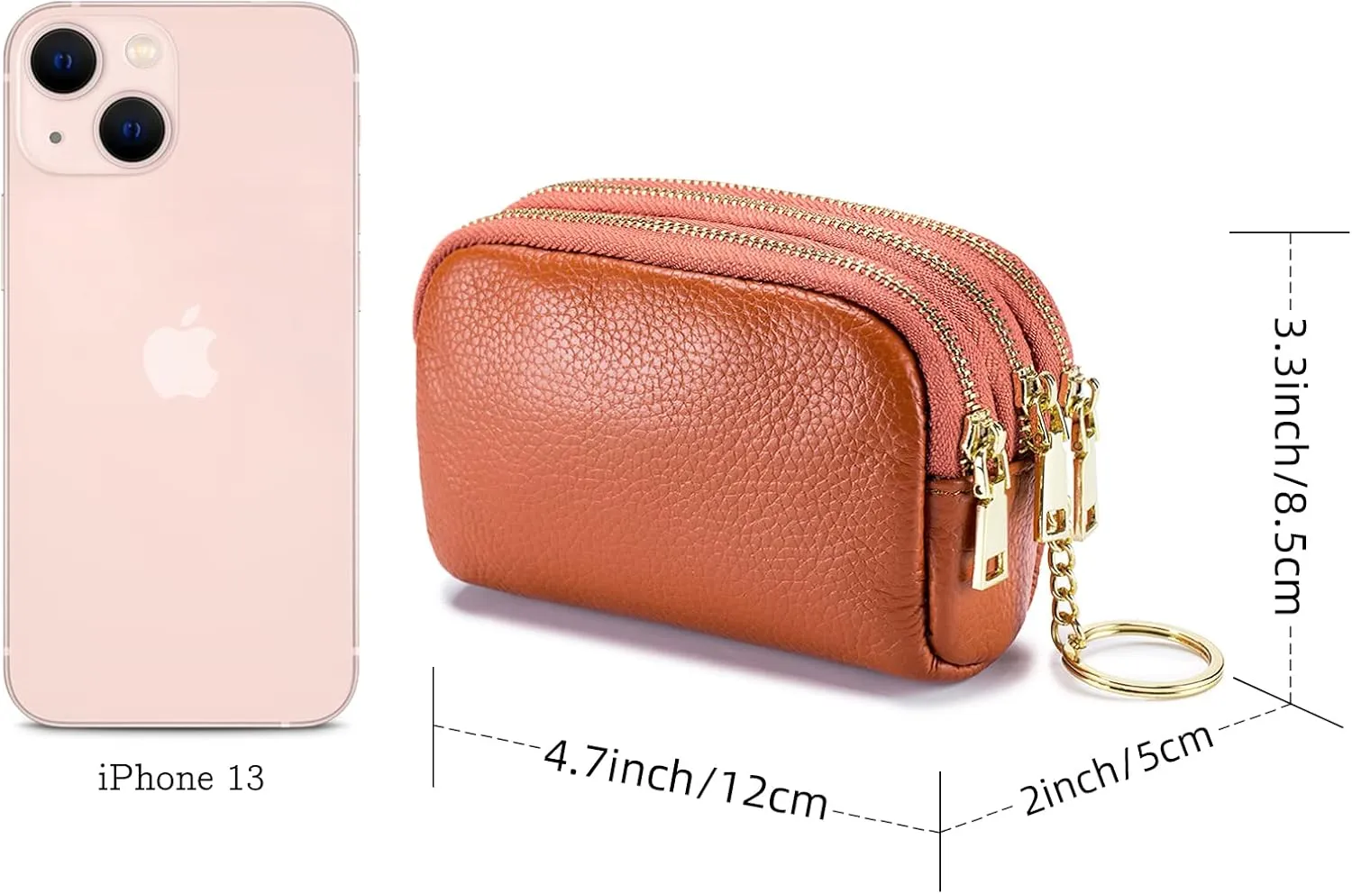 LINNO 3 Zippered Genuine Leather Coin Purse Triple Capacity Change Pouch Little Travel Wallet With Key Ring for Women
