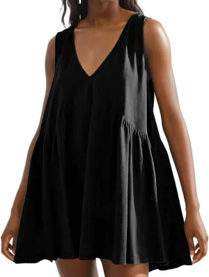 LOFAAC Women 2024 Summer V Neck Sleeveless Mini Dress Casual Loose Pleated Flowy Sundress 90s Beach Tank Dress with Pockets