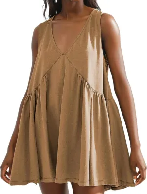 LOFAAC Women 2024 Summer V Neck Sleeveless Mini Dress Casual Loose Pleated Flowy Sundress 90s Beach Tank Dress with Pockets
