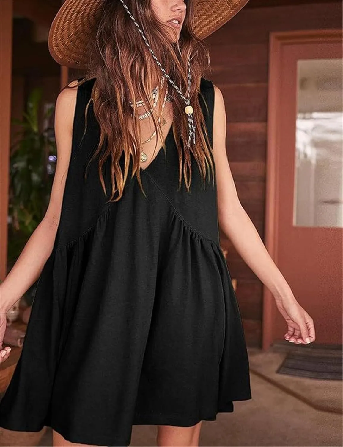 LOFAAC Women 2024 Summer V Neck Sleeveless Mini Dress Casual Loose Pleated Flowy Sundress 90s Beach Tank Dress with Pockets
