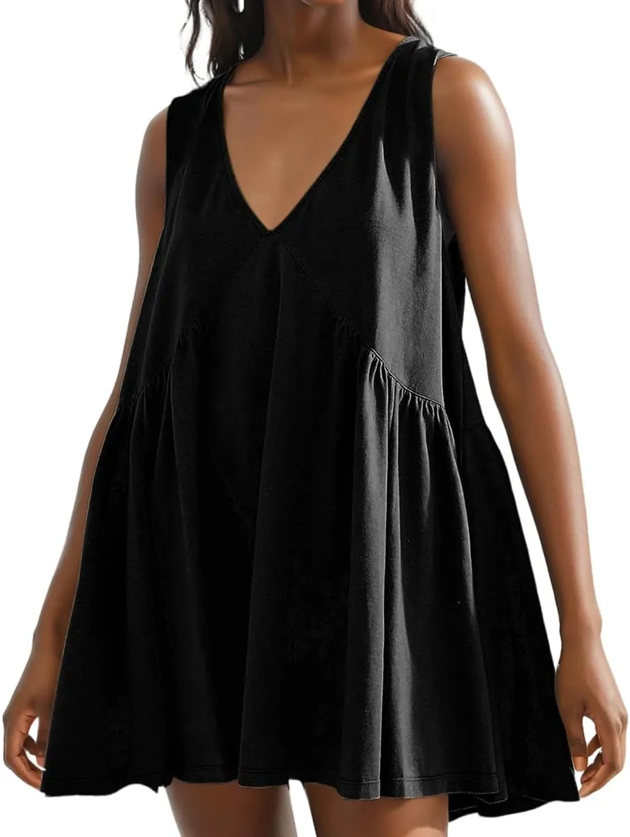 LOFAAC Women 2024 Summer V Neck Sleeveless Mini Dress Casual Loose Pleated Flowy Sundress 90s Beach Tank Dress with Pockets