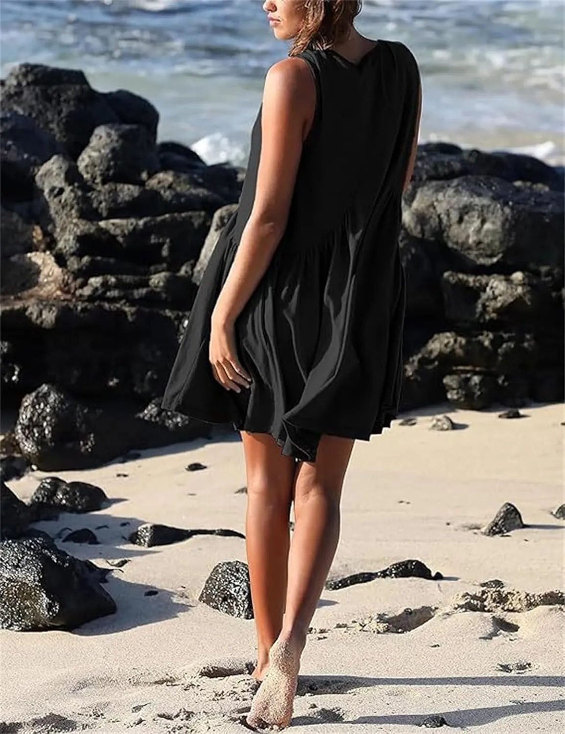 LOFAAC Women 2024 Summer V Neck Sleeveless Mini Dress Casual Loose Pleated Flowy Sundress 90s Beach Tank Dress with Pockets