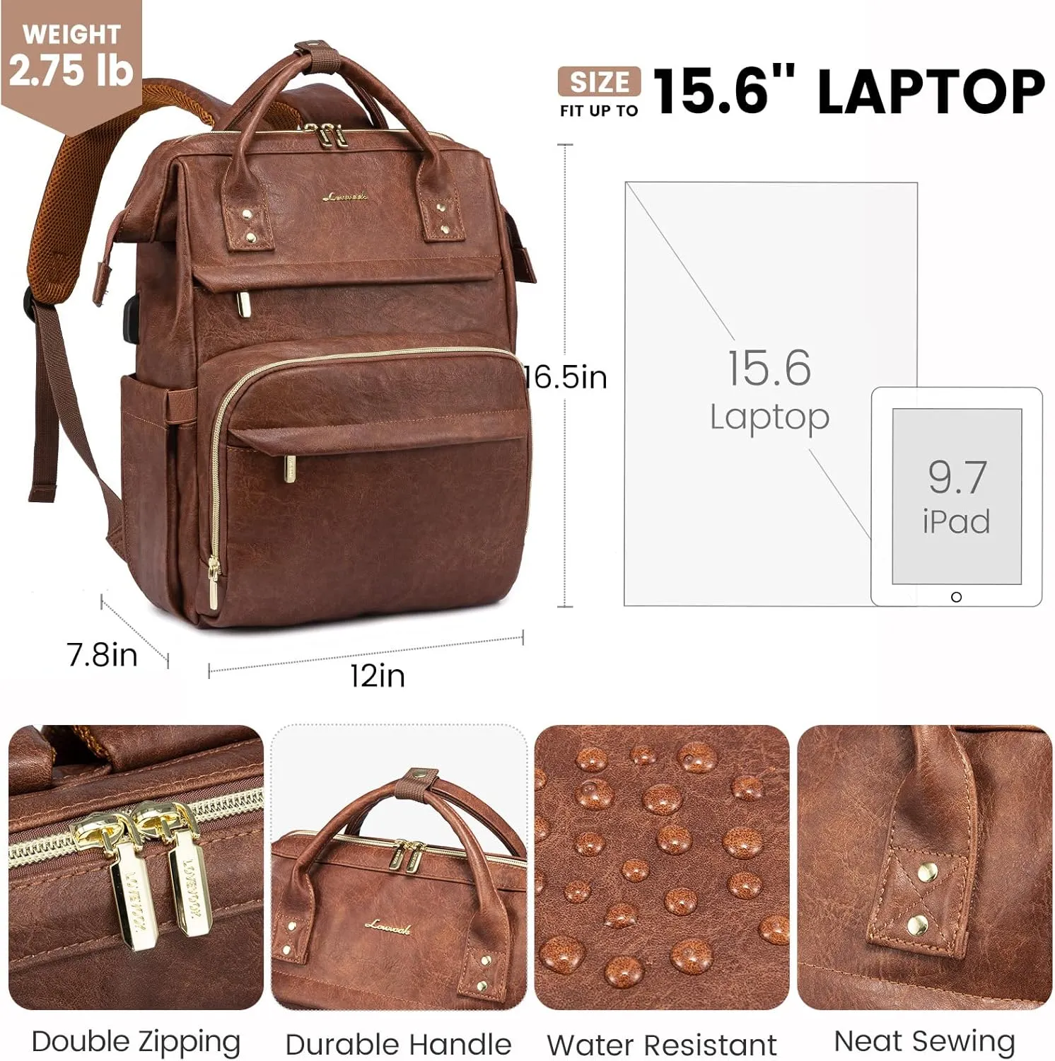 LOVEVOOK Leather Laptop Backpacks for Women 15.6 inch,Travel Backpack Purse Nurse Teacher Backpack Computer Laptop Bag,Professional College Business Work Bag Carry On Backpacks with USB Port,Red Brown