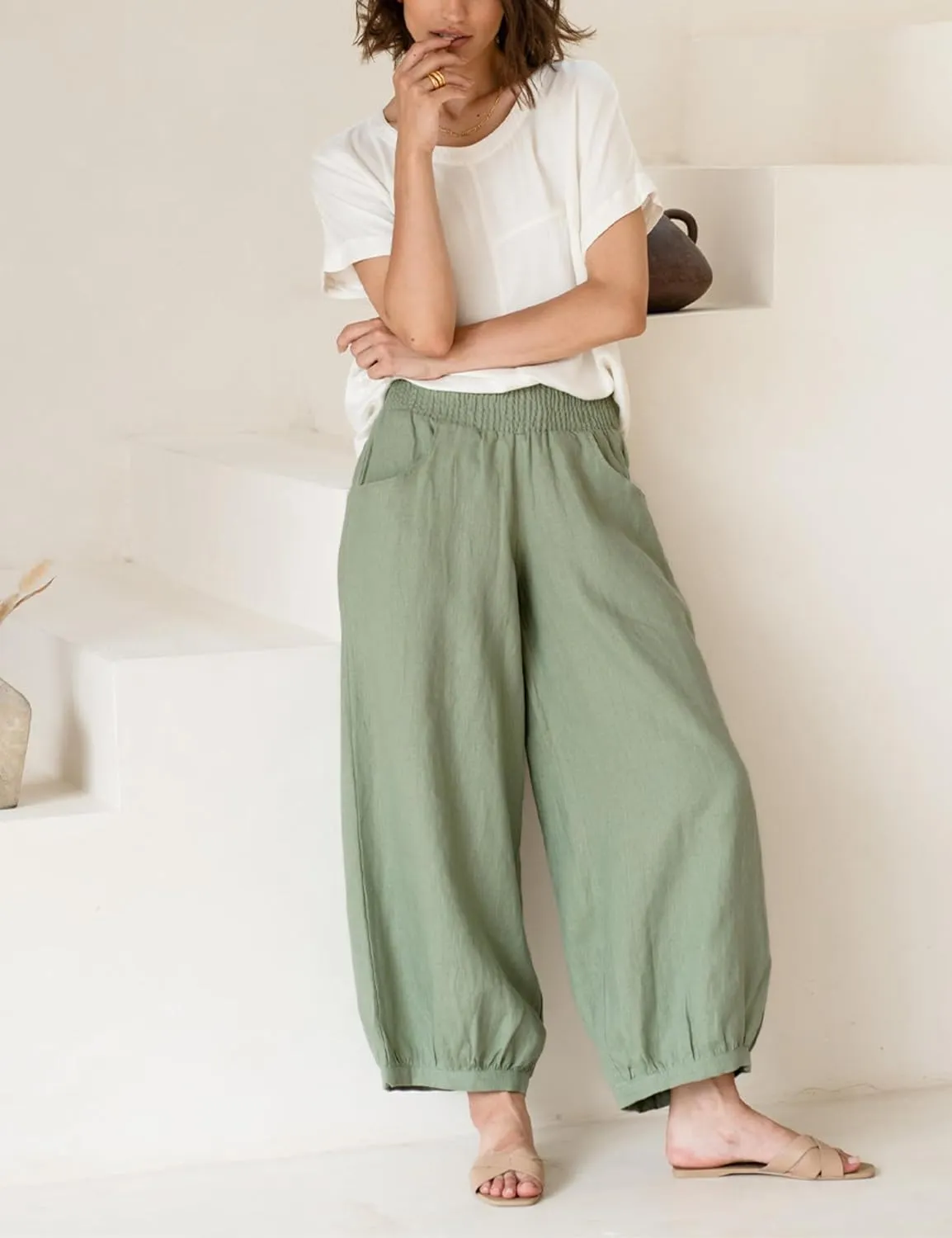 Lviefent Womens Linen Wide Leg Pants Baggy Elastic Waist Berral Pants Beach Palazzo Harem Pants with Pockets