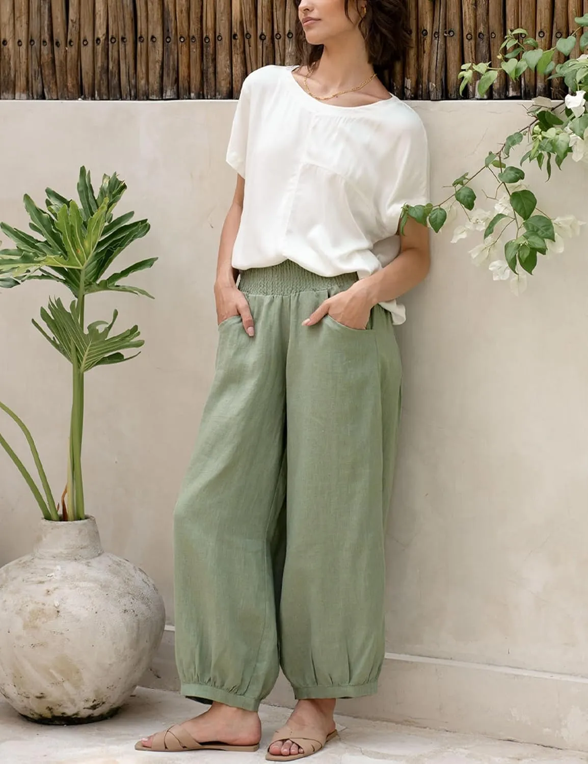 Lviefent Womens Linen Wide Leg Pants Baggy Elastic Waist Berral Pants Beach Palazzo Harem Pants with Pockets