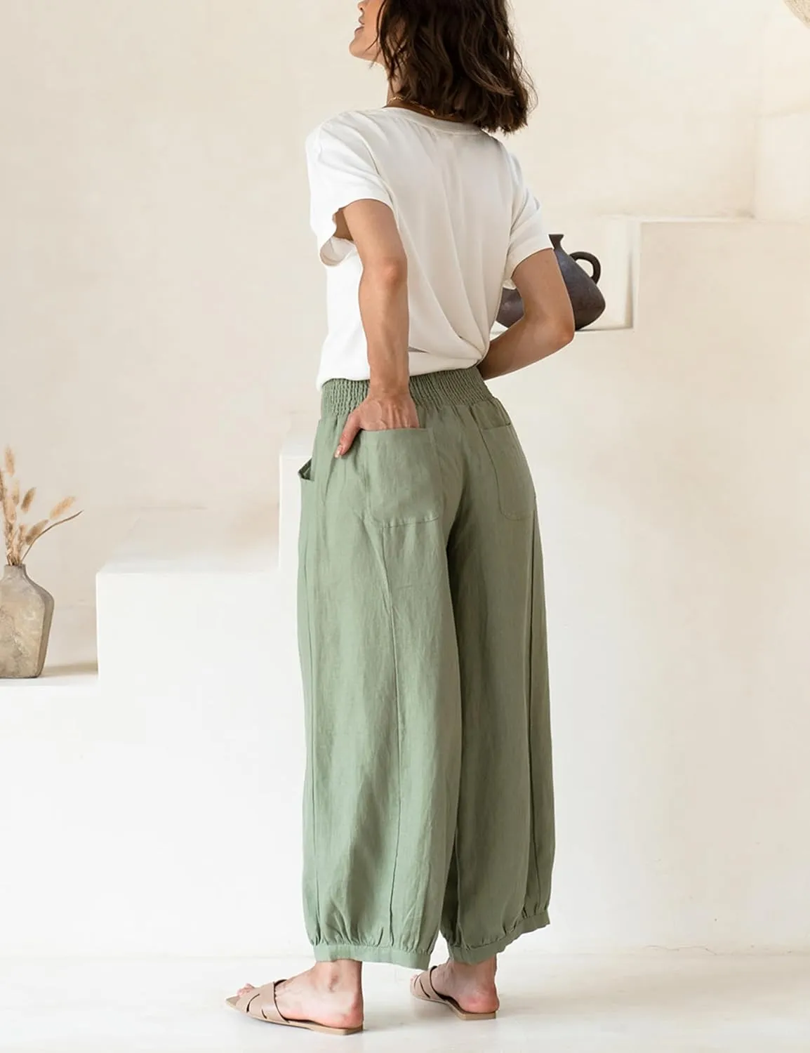 Lviefent Womens Linen Wide Leg Pants Baggy Elastic Waist Berral Pants Beach Palazzo Harem Pants with Pockets