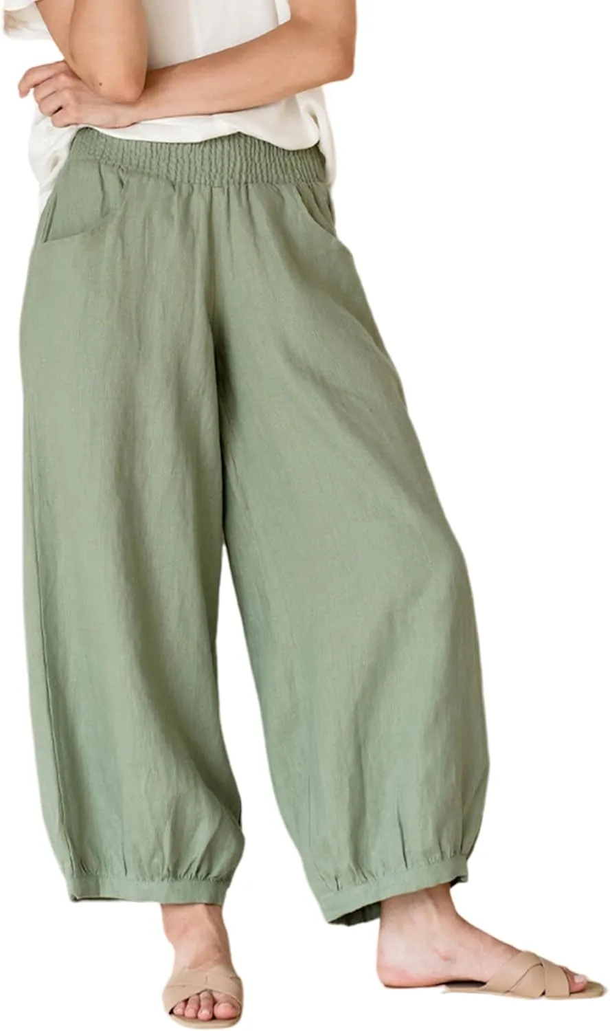 Lviefent Womens Linen Wide Leg Pants Baggy Elastic Waist Berral Pants Beach Palazzo Harem Pants with Pockets
