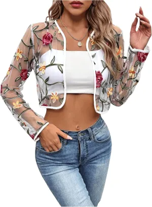 MakeMeChic Women's Sheer Mesh Jackets Floral Long Sleeve Open Front Lace Cropped Jacket Dressy Shrugs
