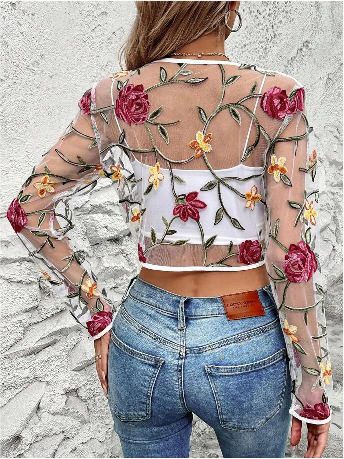MakeMeChic Women's Sheer Mesh Jackets Floral Long Sleeve Open Front Lace Cropped Jacket Dressy Shrugs