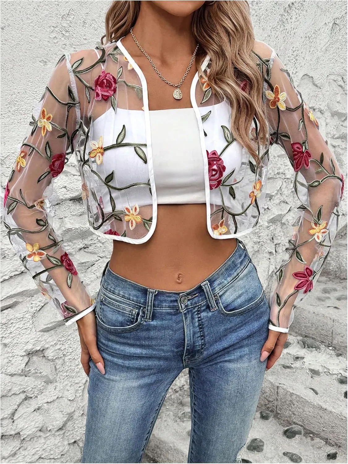 MakeMeChic Women's Sheer Mesh Jackets Floral Long Sleeve Open Front Lace Cropped Jacket Dressy Shrugs