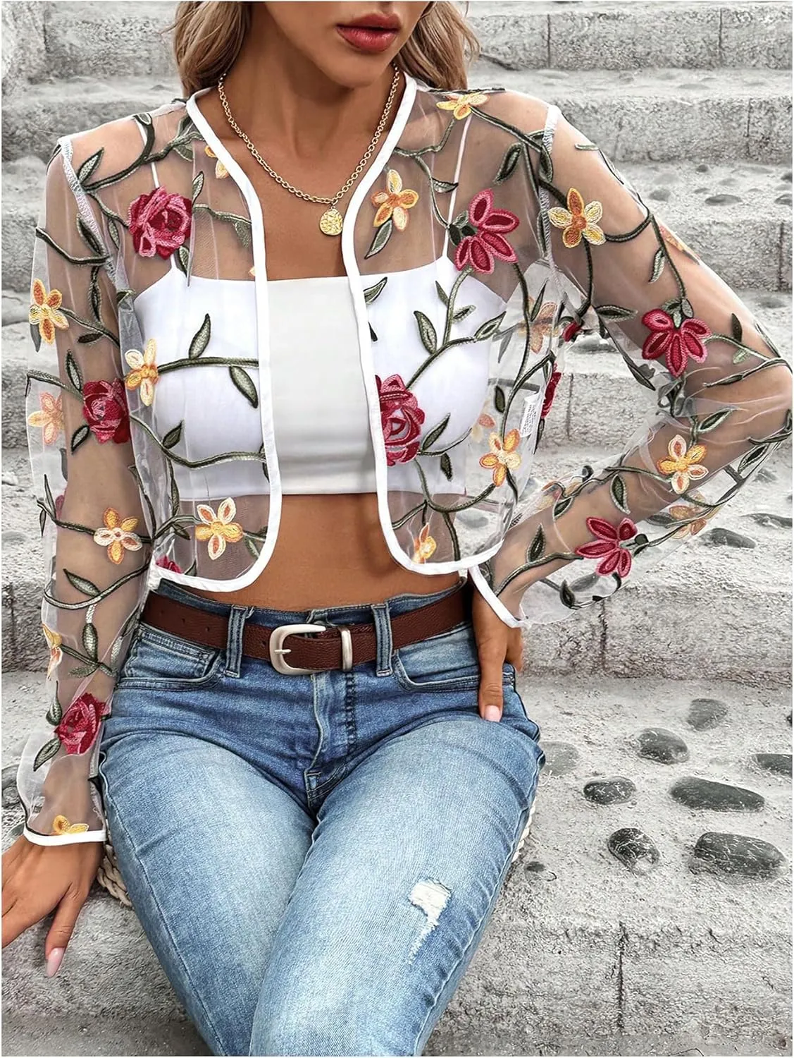 MakeMeChic Women's Sheer Mesh Jackets Floral Long Sleeve Open Front Lace Cropped Jacket Dressy Shrugs