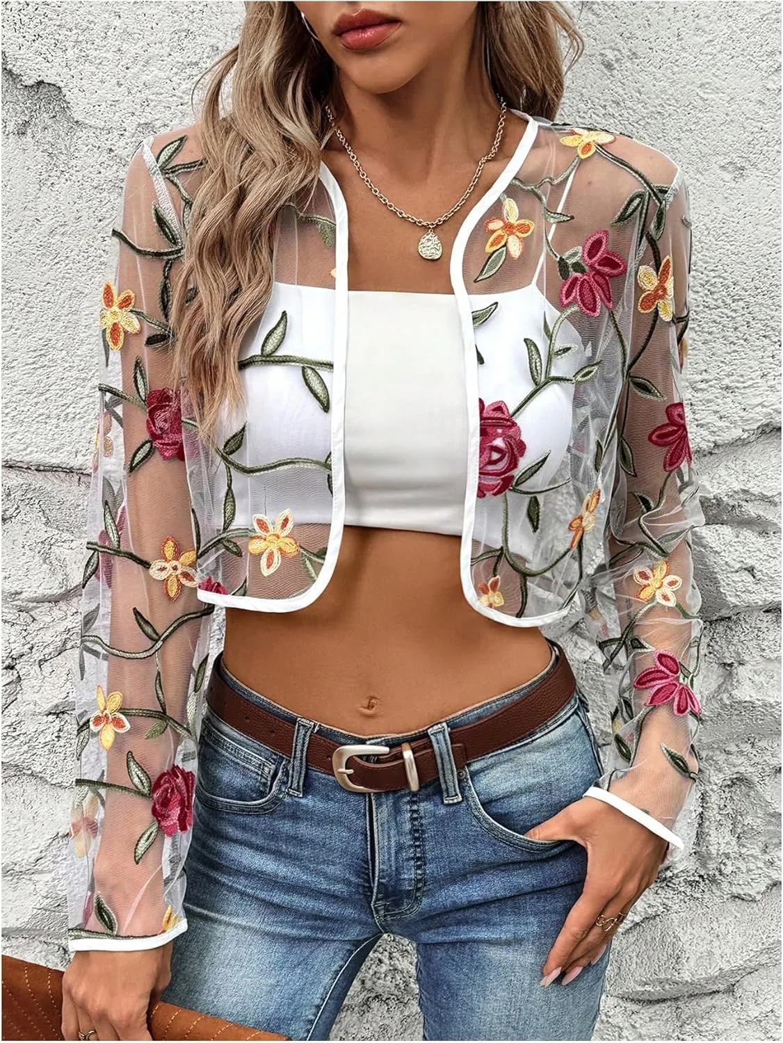 MakeMeChic Women's Sheer Mesh Jackets Floral Long Sleeve Open Front Lace Cropped Jacket Dressy Shrugs