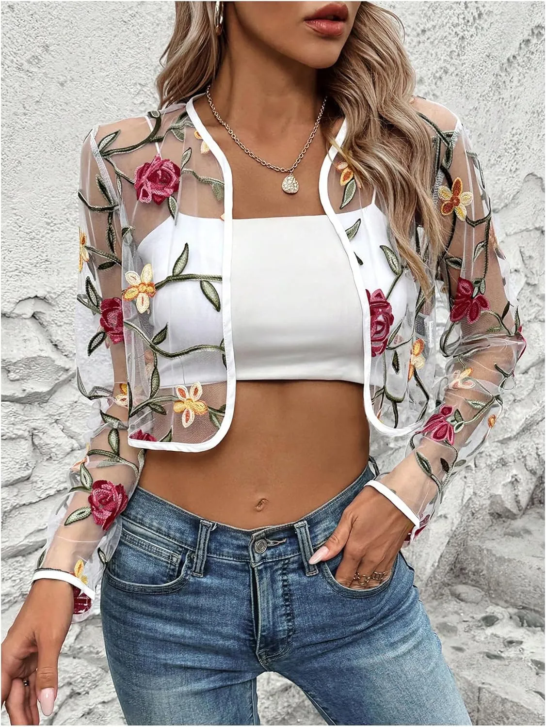 MakeMeChic Women's Sheer Mesh Jackets Floral Long Sleeve Open Front Lace Cropped Jacket Dressy Shrugs