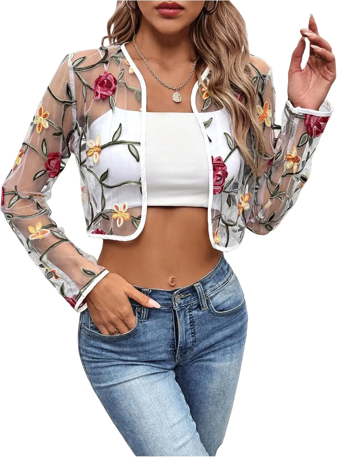 MakeMeChic Women's Sheer Mesh Jackets Floral Long Sleeve Open Front Lace Cropped Jacket Dressy Shrugs