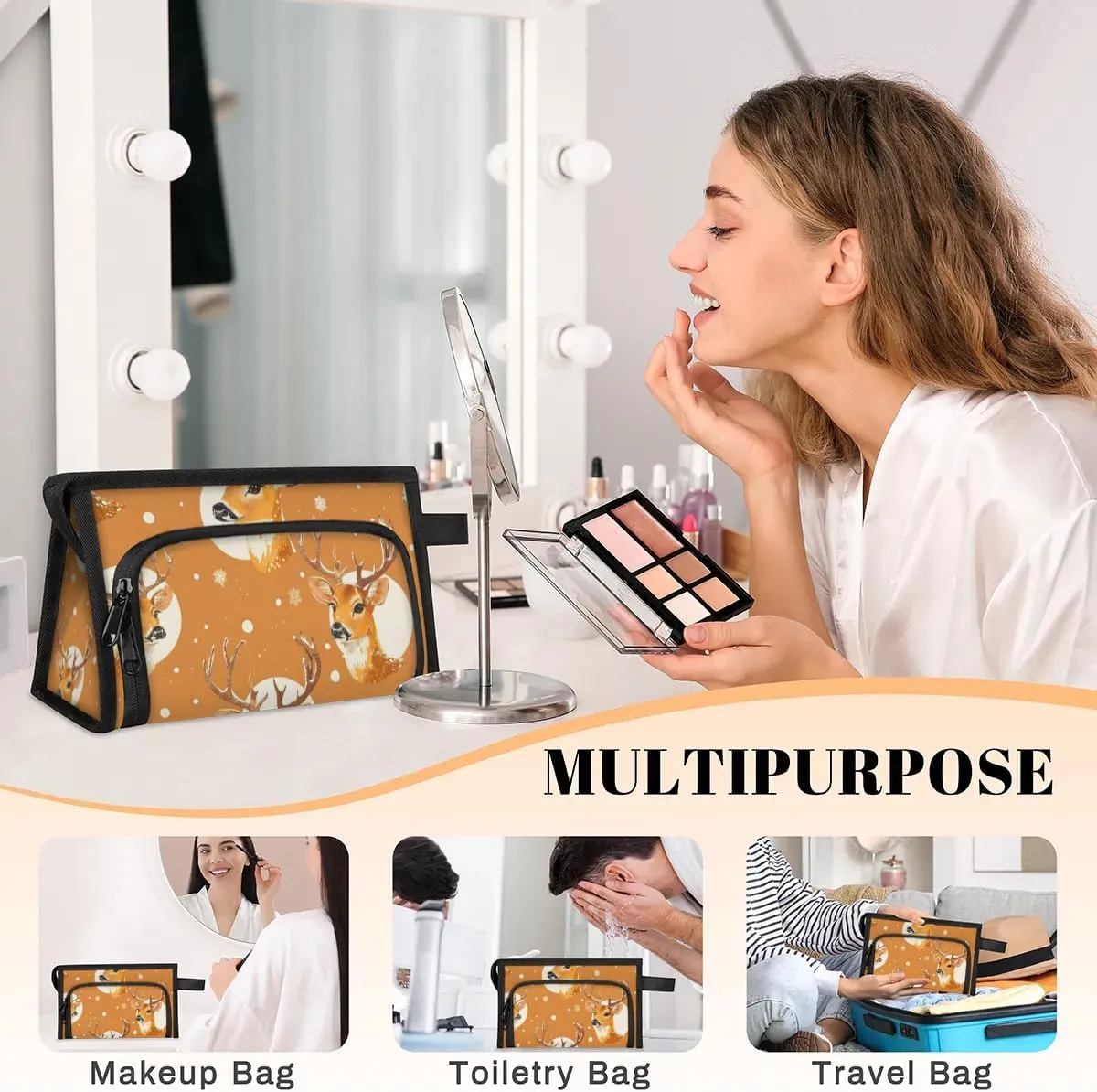 Makeup Bag Deer Watercolor Travel Toiletry Bag Makeup Organizer Portable Make Up Bags for Women Cosmetic Bag with Handle
