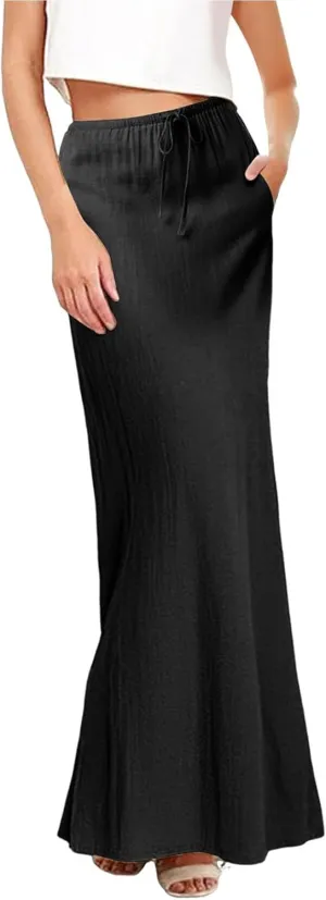 Maxi Skirt for Women Daily Casual Elegant Solid Color A Skirts Vintage Elastic Waist Skirt 2025 Summer Trendy