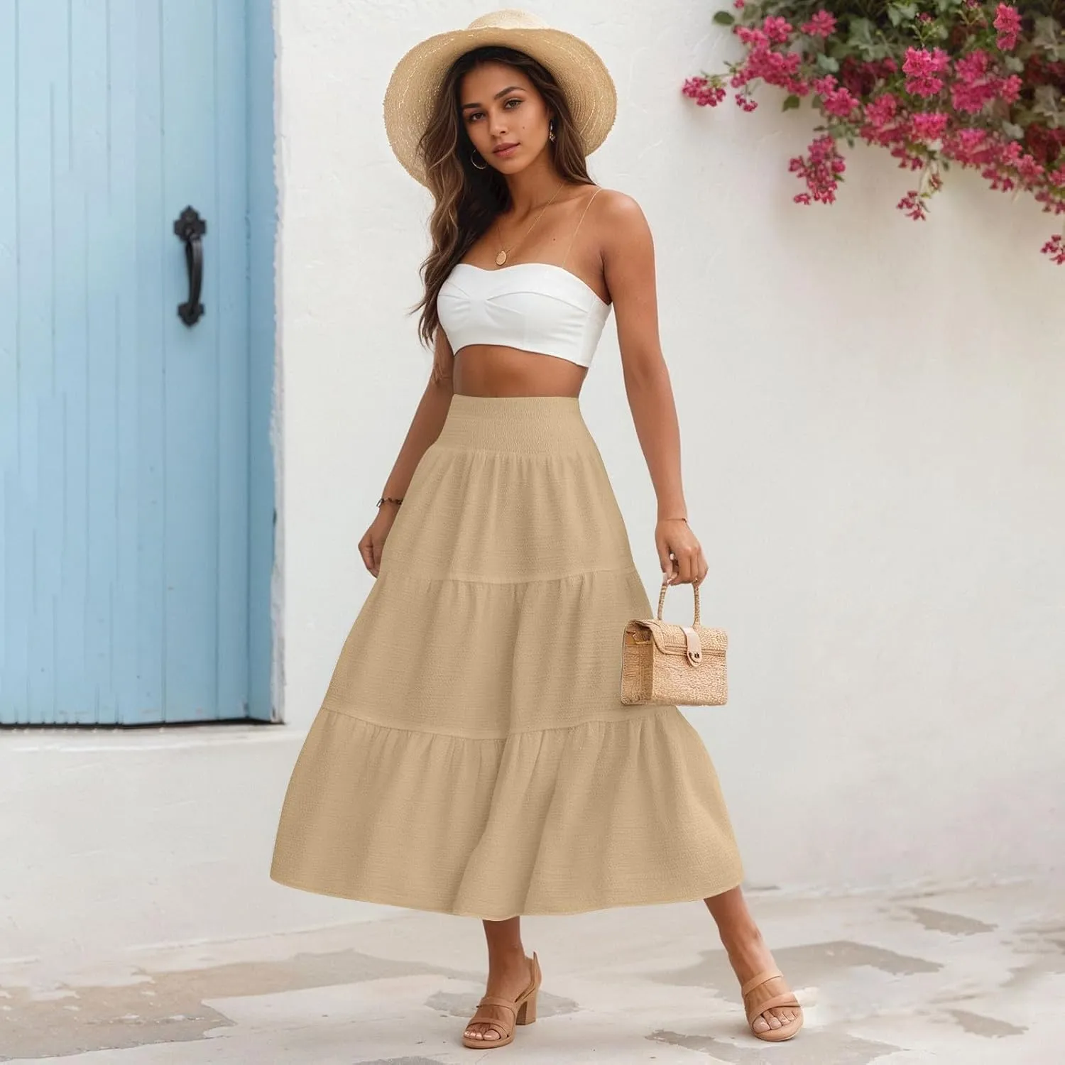 Maxi Skirts for Women 2025 Long Flowy Tiered Ruffle Linen Skirt Beach Summer A-Line Elastic High Waisted Skirts