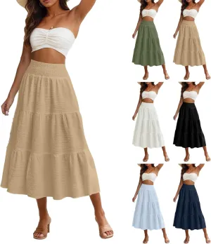 Maxi Skirts for Women 2025 Long Flowy Tiered Ruffle Linen Skirt Beach Summer A-Line Elastic High Waisted Skirts