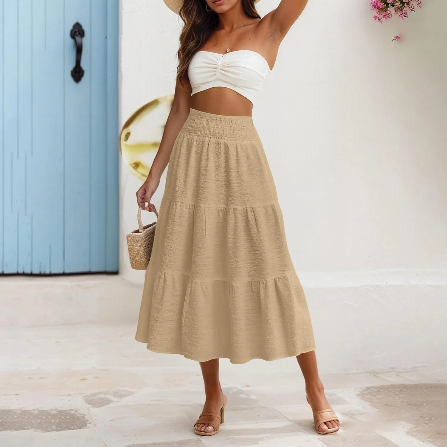 Maxi Skirts for Women 2025 Long Flowy Tiered Ruffle Linen Skirt Beach Summer A-Line Elastic High Waisted Skirts