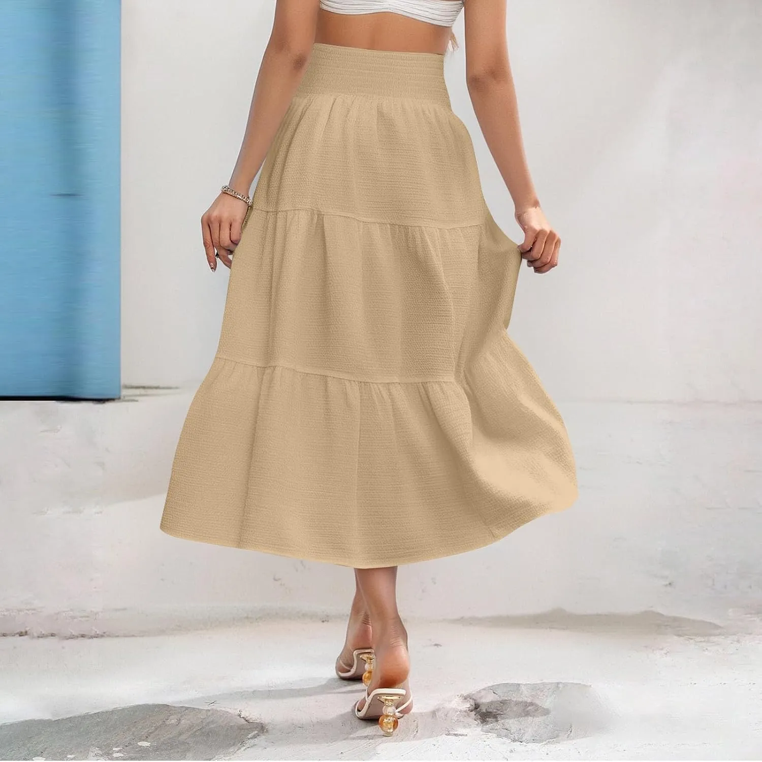 Maxi Skirts for Women 2025 Long Flowy Tiered Ruffle Linen Skirt Beach Summer A-Line Elastic High Waisted Skirts
