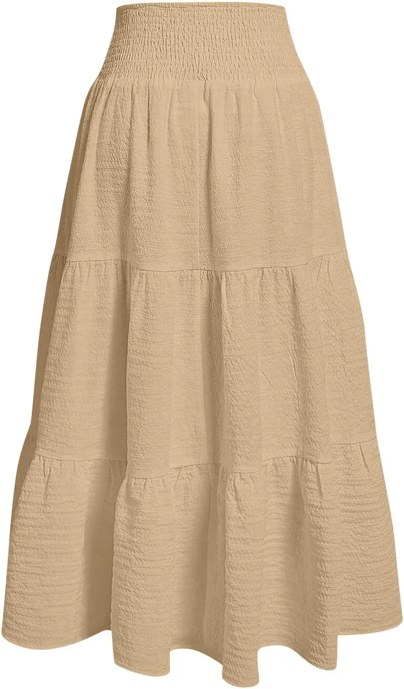 Maxi Skirts for Women 2025 Long Flowy Tiered Ruffle Linen Skirt Beach Summer A-Line Elastic High Waisted Skirts