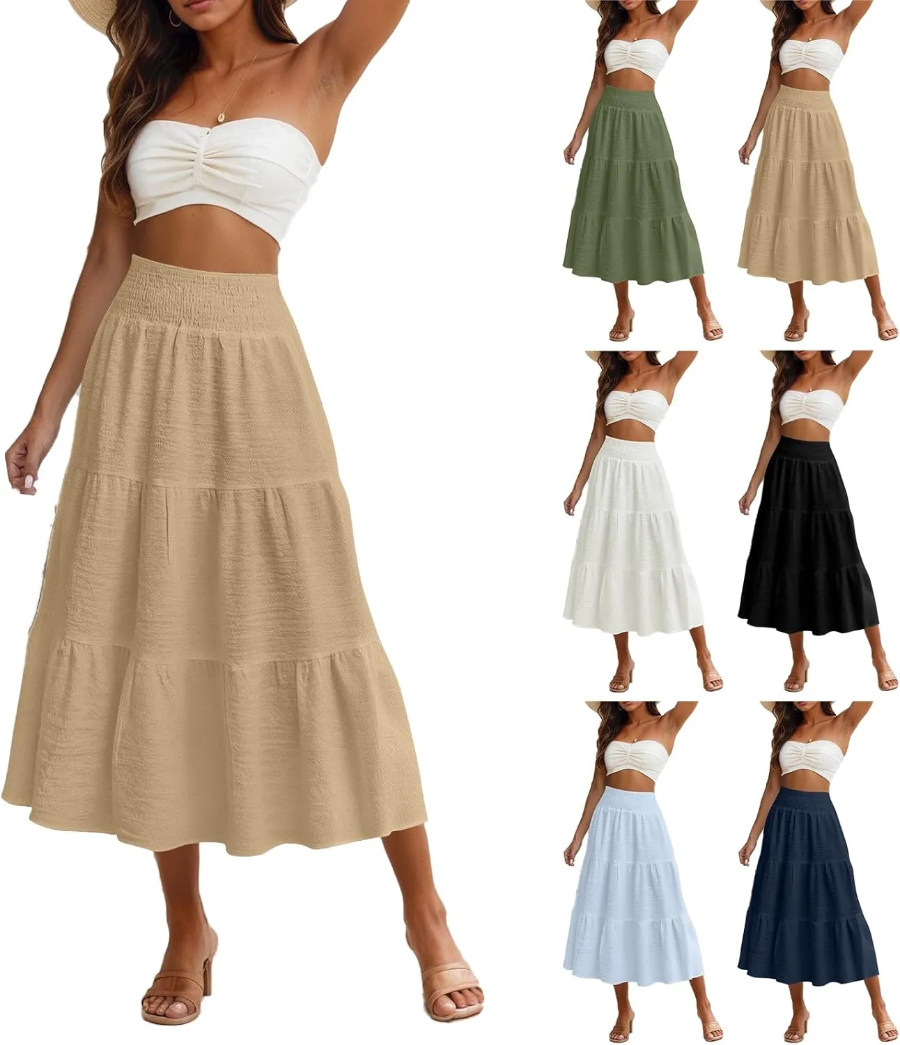 Maxi Skirts for Women 2025 Long Flowy Tiered Ruffle Linen Skirt Beach Summer A-Line Elastic High Waisted Skirts