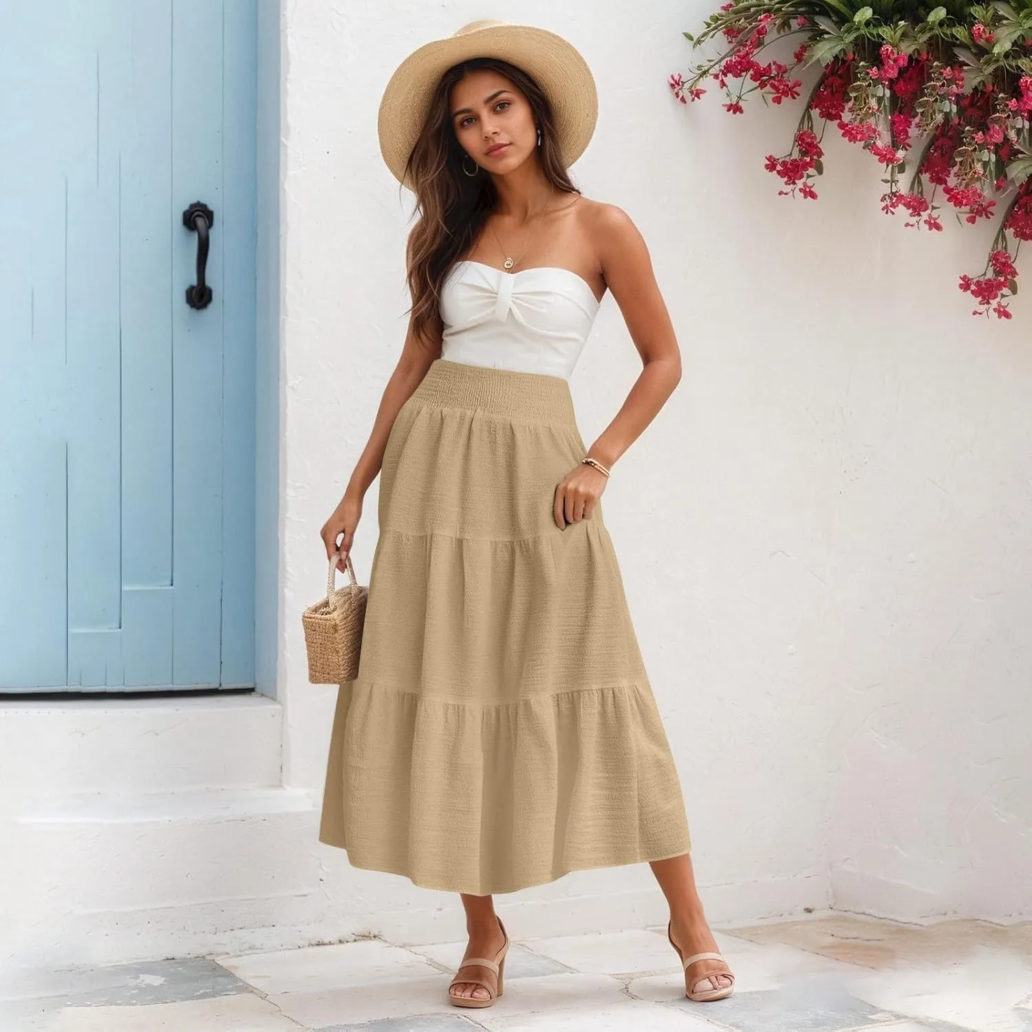 Maxi Skirts for Women 2025 Long Flowy Tiered Ruffle Linen Skirt Beach Summer A-Line Elastic High Waisted Skirts