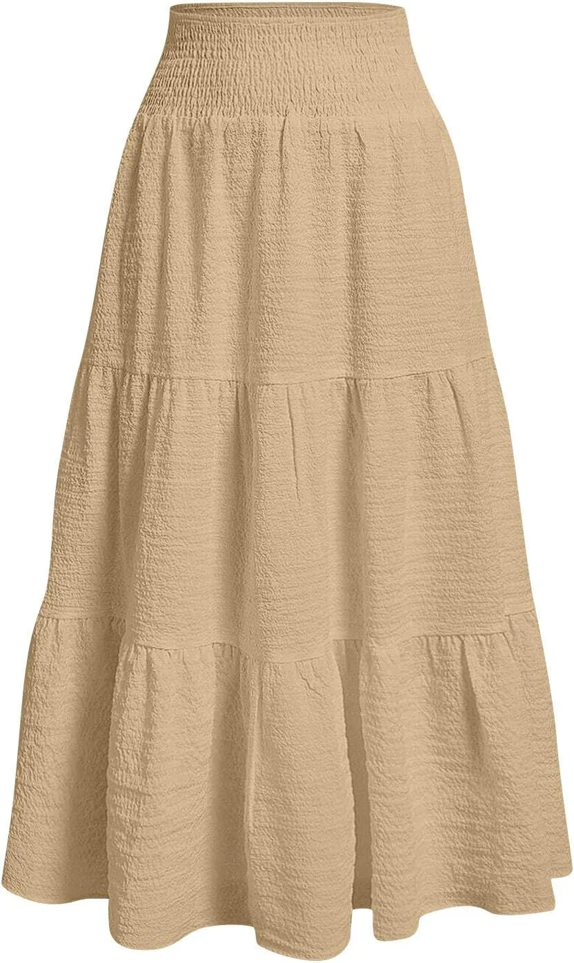 Maxi Skirts for Women 2025 Long Flowy Tiered Ruffle Linen Skirt Beach Summer A-Line Elastic High Waisted Skirts