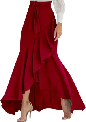Maxi Skirts for Women High Waisted Ruffle Hem Elastic Business Casual Skirts Tie Split Flowy Solid Mermaid Skirts