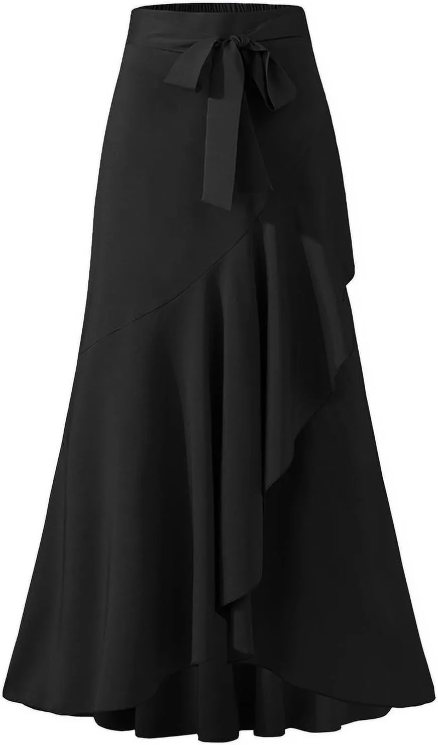 Maxi Skirts for Women High Waisted Ruffle Hem Elastic Business Casual Skirts Tie Split Flowy Solid Mermaid Skirts