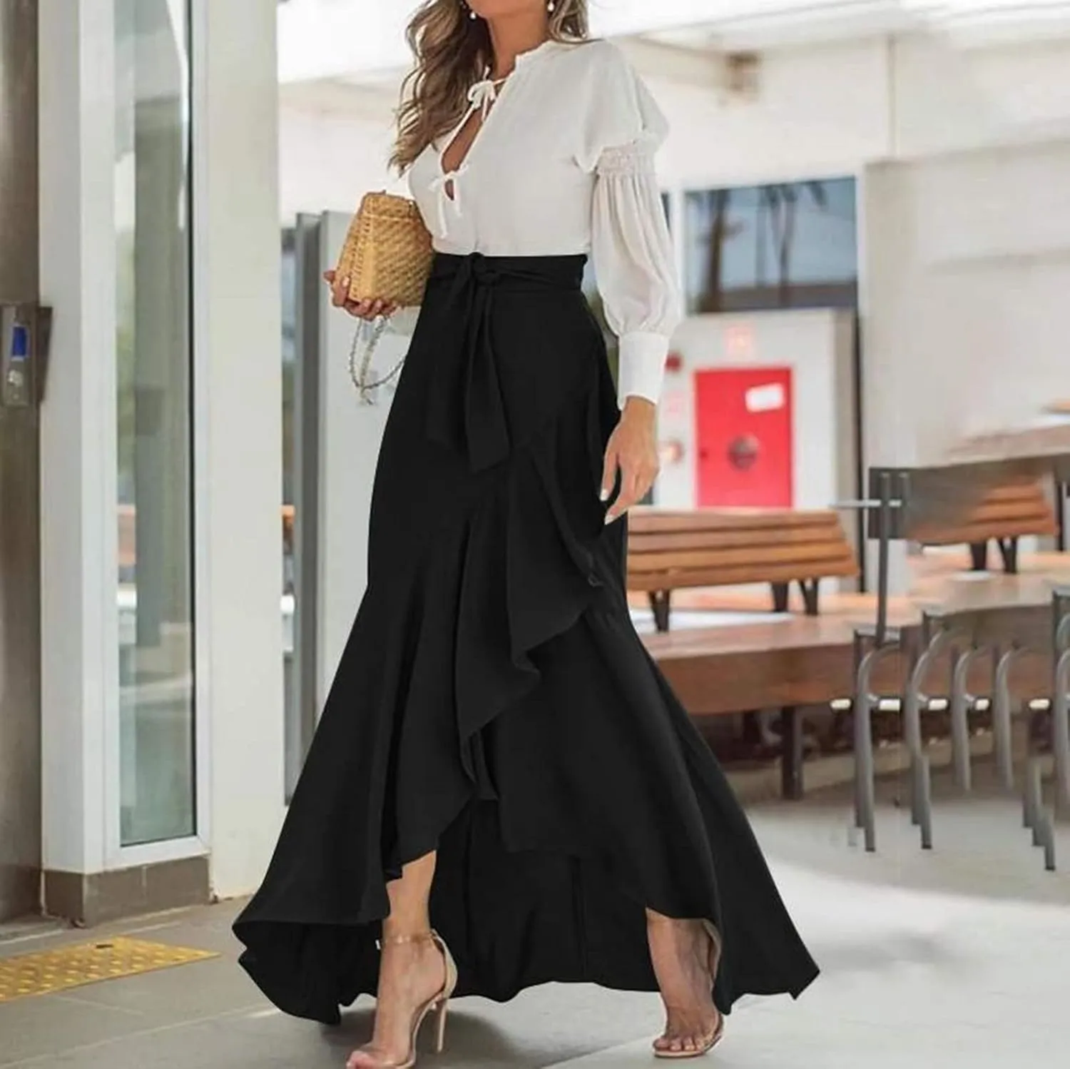 Maxi Skirts for Women High Waisted Ruffle Hem Elastic Business Casual Skirts Tie Split Flowy Solid Mermaid Skirts