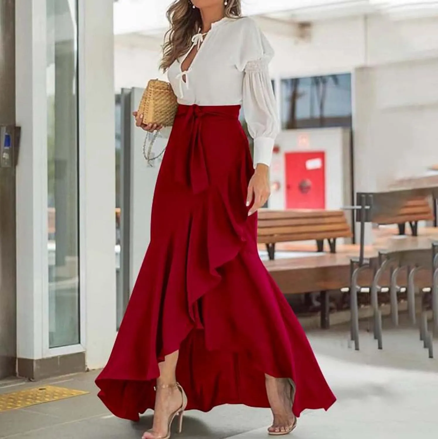 Maxi Skirts for Women High Waisted Ruffle Hem Elastic Business Casual Skirts Tie Split Flowy Solid Mermaid Skirts