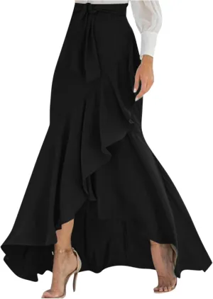 Maxi Skirts for Women High Waisted Ruffle Hem Elastic Business Casual Skirts Tie Split Flowy Solid Mermaid Skirts