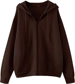 Meladyan Women Oversized Solid Zip Up Hoodie Drawstring Hooded Long Sleeve Fleece Vintage Sweatshirts Jackets Pockets 90s