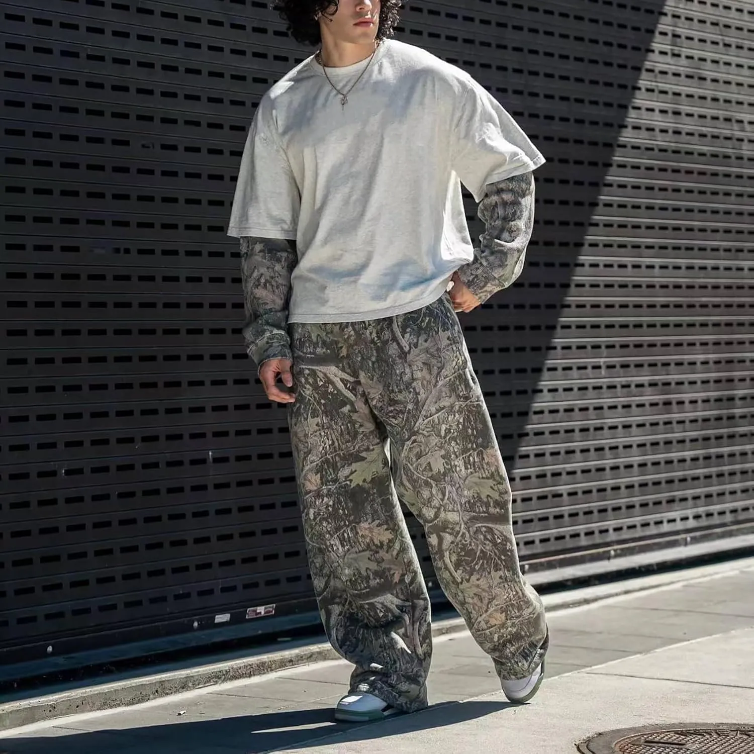 Mens Camo Graphic Leaf Print Baggy Sweatpants Joggers Casual Elastic Waist Wide Leg Trousers Y2K Streetwear Pants