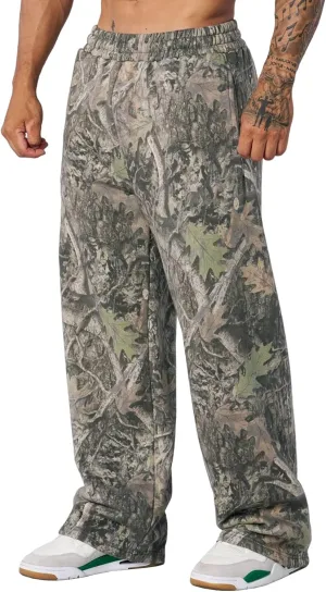 Mens Camo Graphic Leaf Print Baggy Sweatpants Joggers Casual Elastic Waist Wide Leg Trousers Y2K Streetwear Pants
