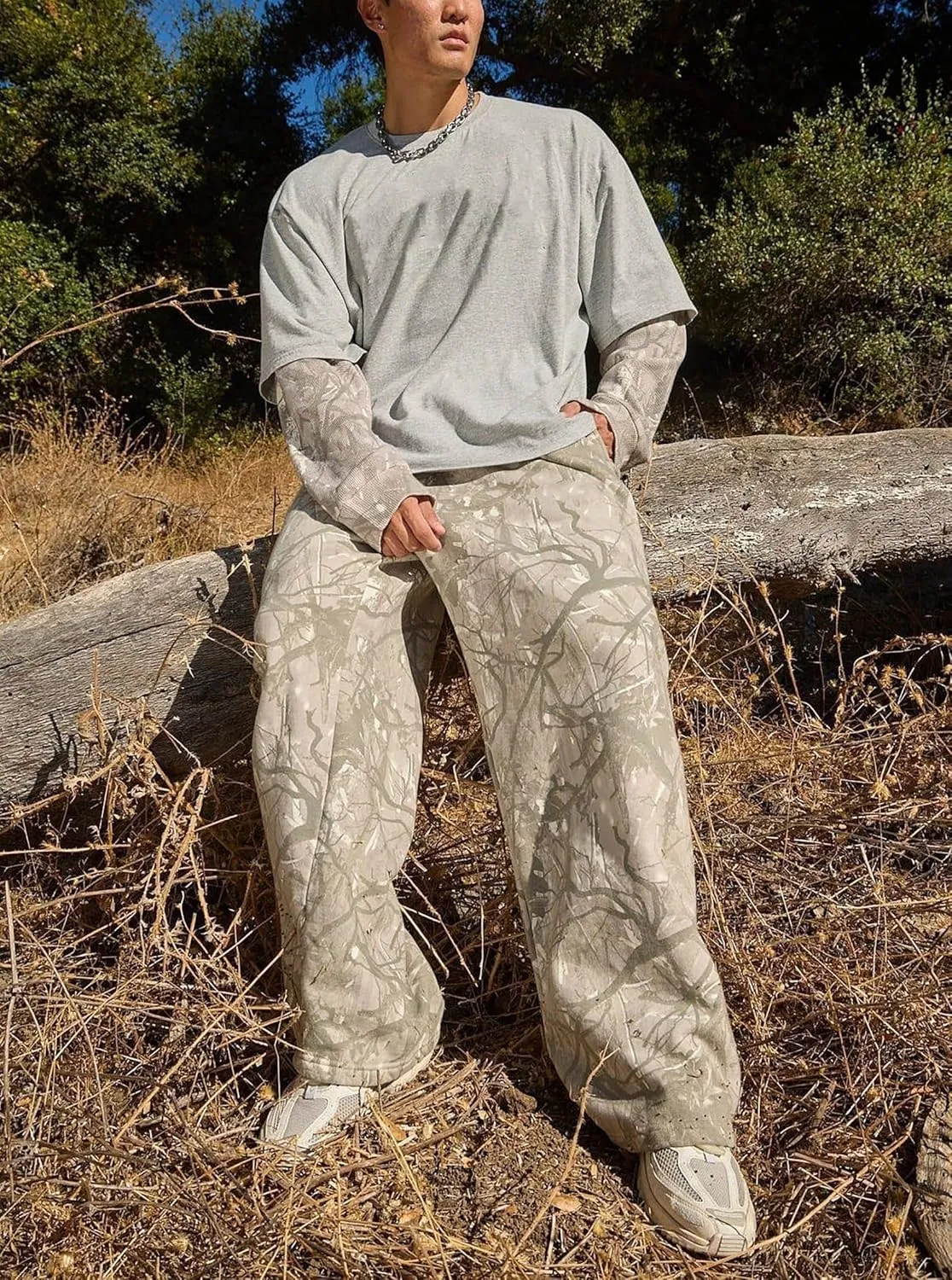 Mens Camo Graphic Leaf Print Baggy Sweatpants Joggers Casual Elastic Waist Wide Leg Trousers Y2K Streetwear Pants