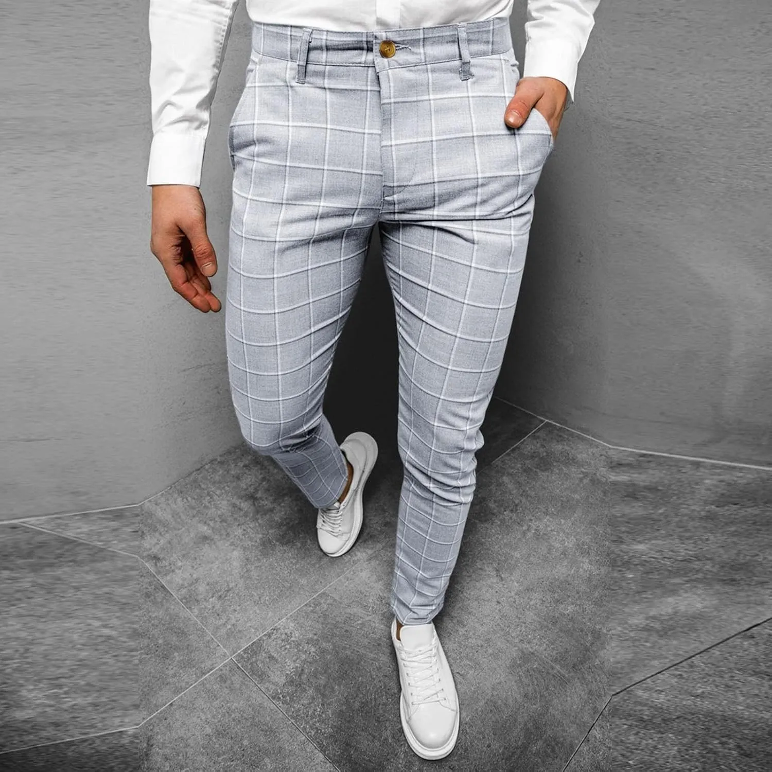 Men's Plaid Dress Pants Slim Fit Lightweight Business Work Trousers Zip Off Casual Strecth Golf Pencil Chinos with Pockets