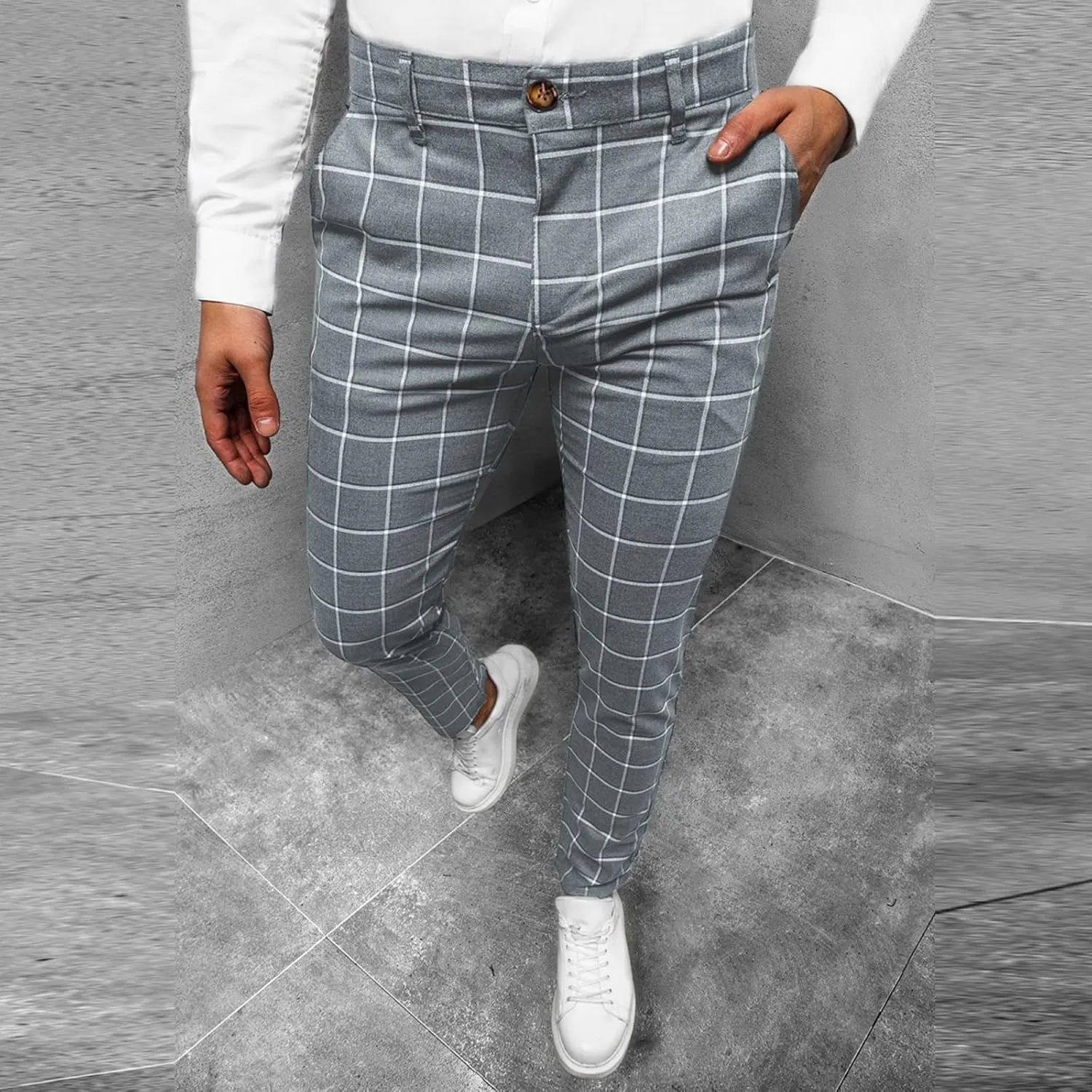 Men's Plaid Dress Pants Slim Fit Lightweight Business Work Trousers Zip Off Casual Strecth Golf Pencil Chinos with Pockets