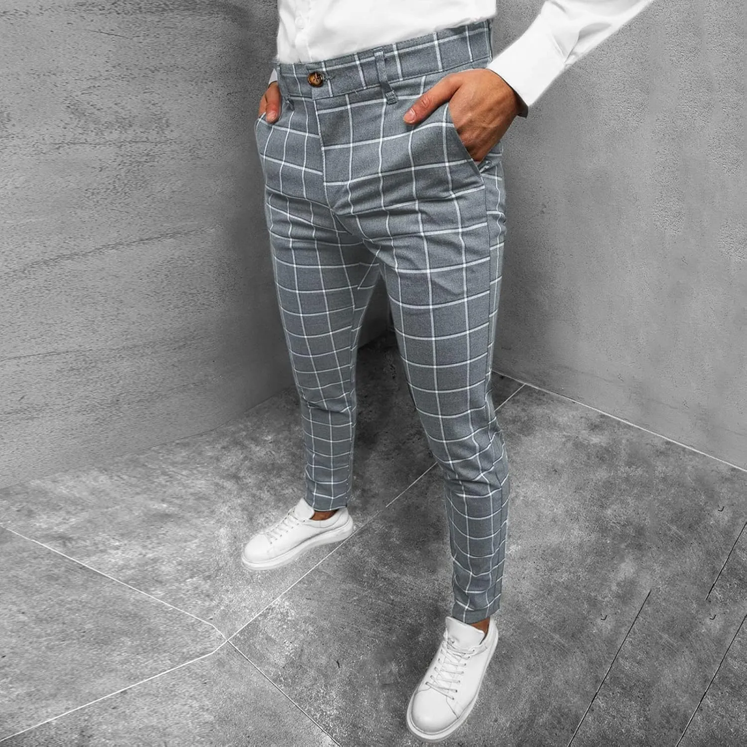 Men's Plaid Dress Pants Slim Fit Lightweight Business Work Trousers Zip Off Casual Strecth Golf Pencil Chinos with Pockets