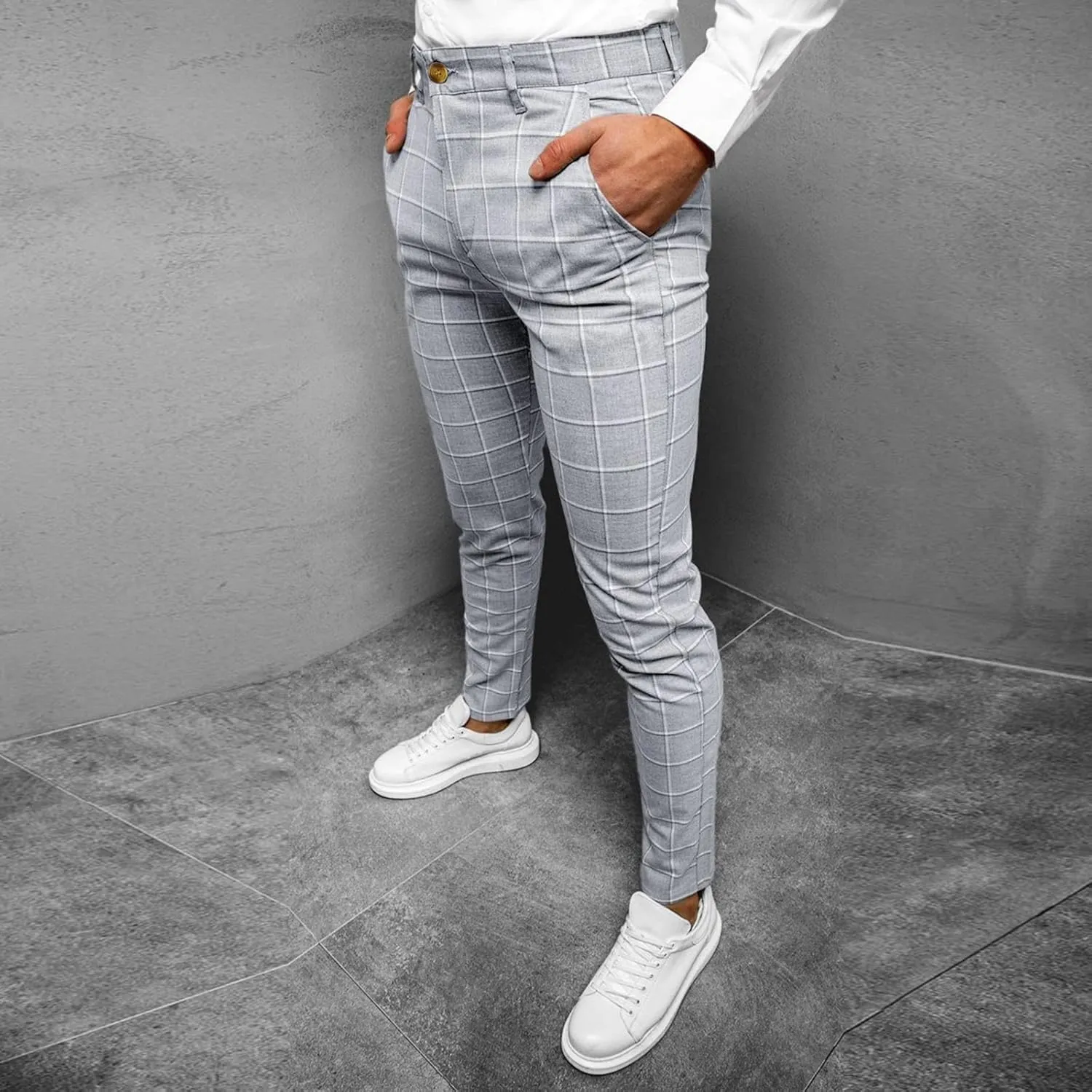 Men's Plaid Dress Pants Slim Fit Lightweight Business Work Trousers Zip Off Casual Strecth Golf Pencil Chinos with Pockets