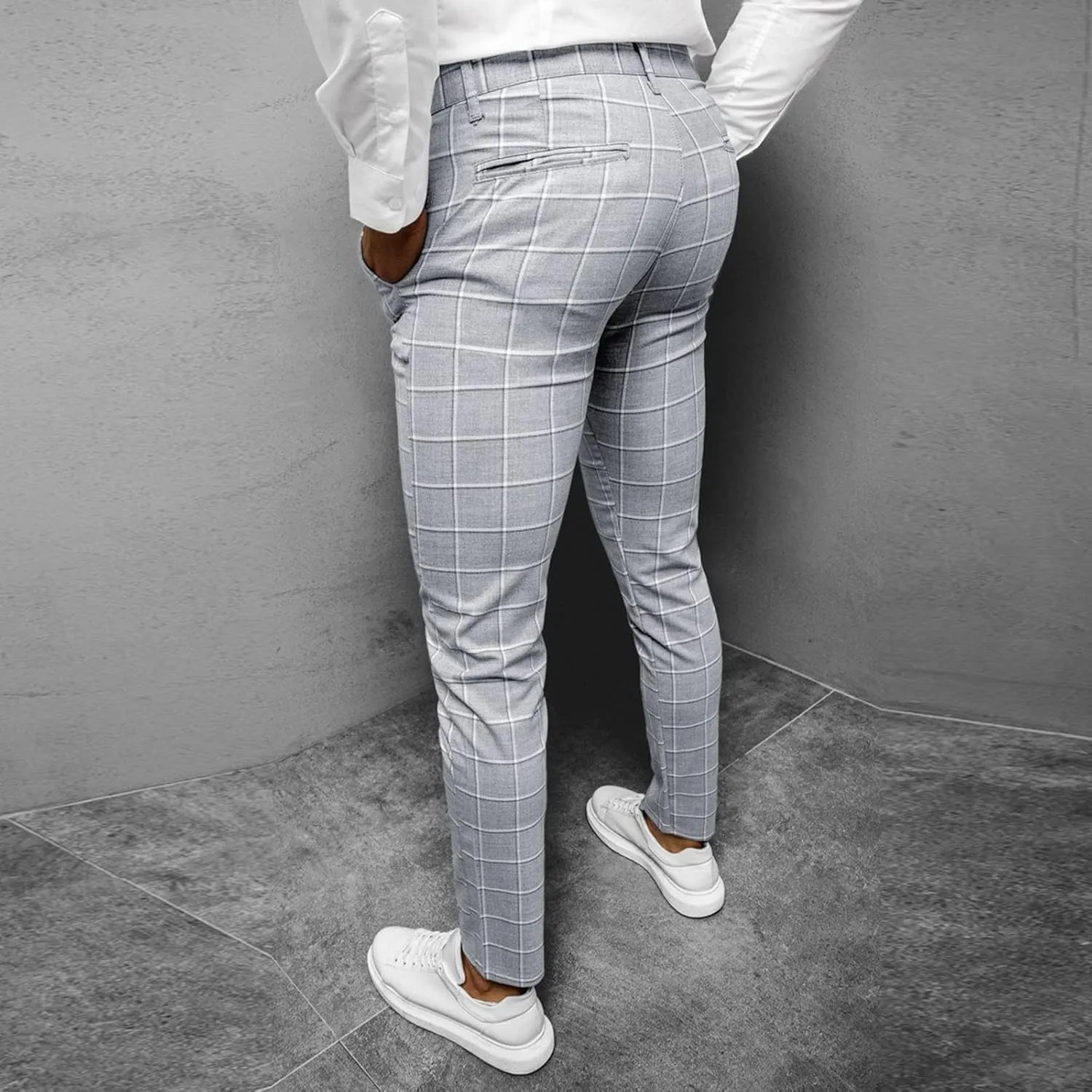 Men's Plaid Dress Pants Slim Fit Lightweight Business Work Trousers Zip Off Casual Strecth Golf Pencil Chinos with Pockets