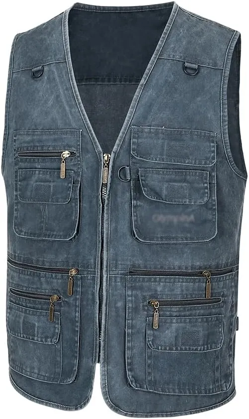 Mens Safari Travel Photo Vest Outdoor Fishing Multi Pocket Jacket Beige