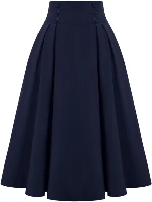 Midi Skirts for Women Button Elastic High Waist Pleated A Line Skirts Summer Loose Casual Skirt for Women